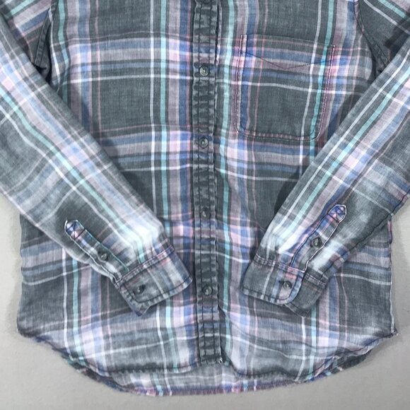 American Eagle Shirt Womens Small Pink Plaid Boyfriend Fit Button Up Chambray LS - Picture 6 of 12